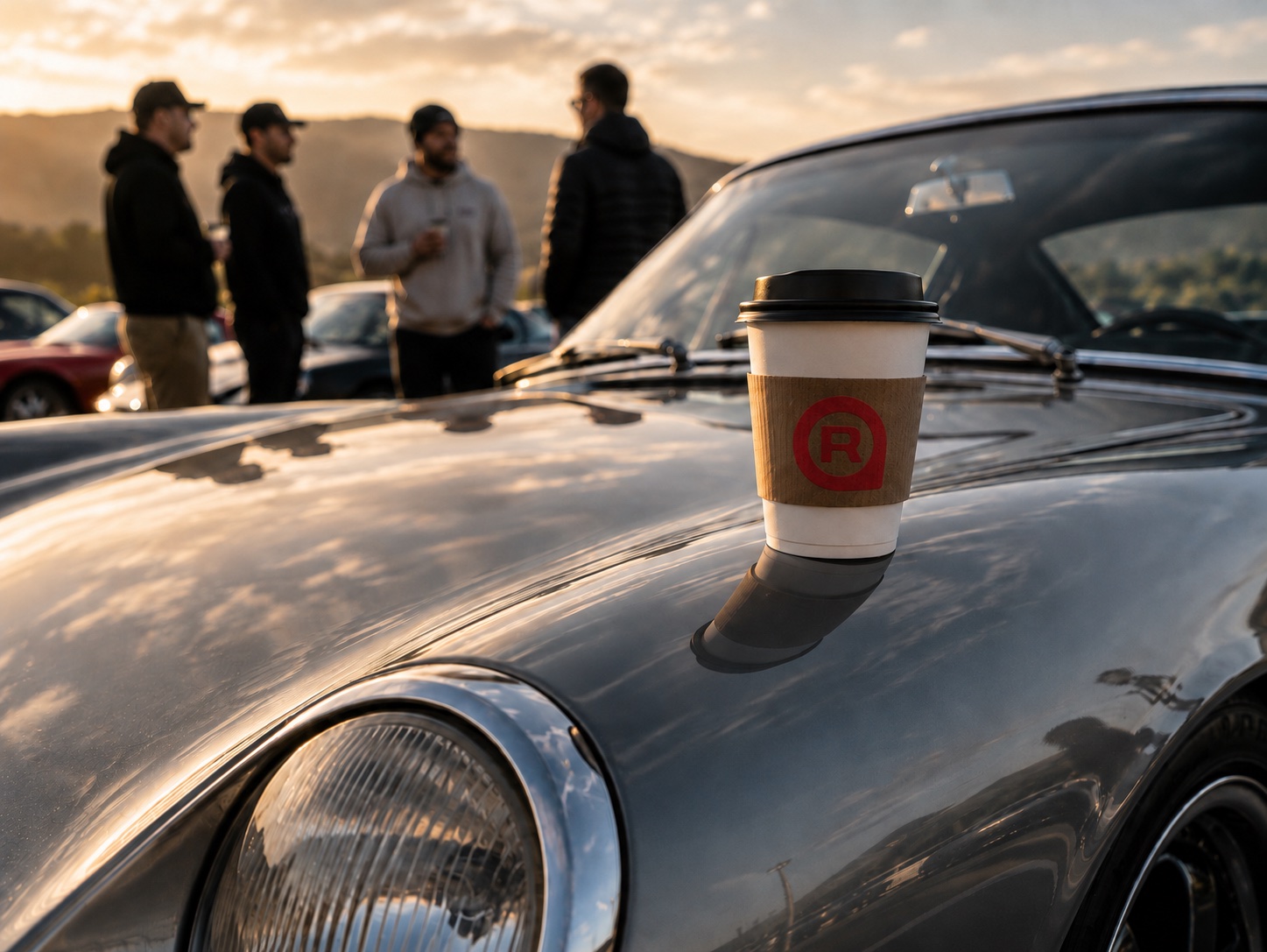 A Ralliepoint-branded coffee cup resting on the fender of a classic car at sunrise.