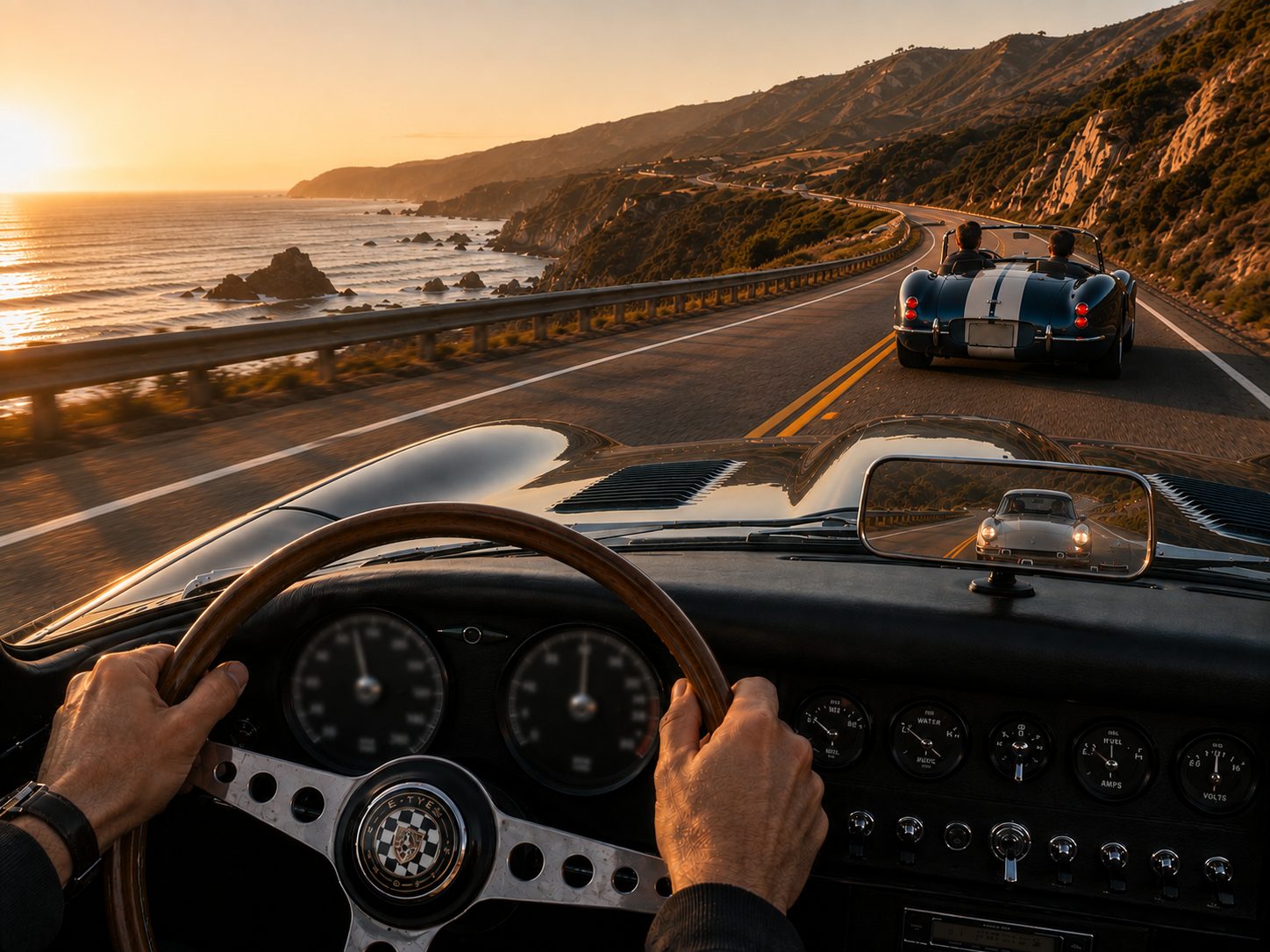 Driver's-eye view along a coastal road at sunset, following another car.
