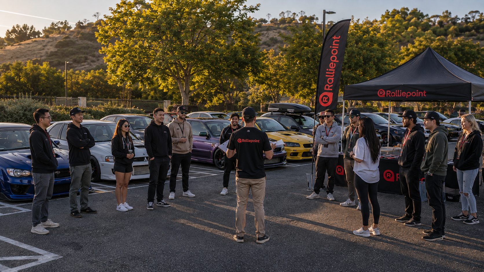 An organizer briefing a group of drivers beside their cars at a Ralliepoint event.